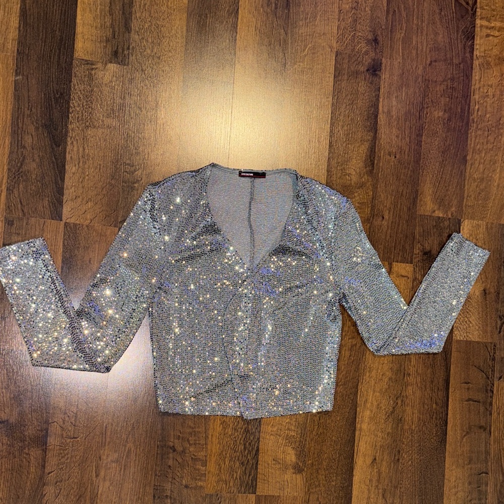 Love Culture Sparkling Silver Sequin Cropped Jacket / Cardigan (small, see ad)